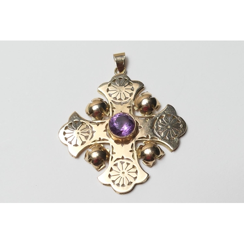 482 - 14ct gold amethyst cross form pendant, 48mm x 45mm, gross weight approx. 8.2g