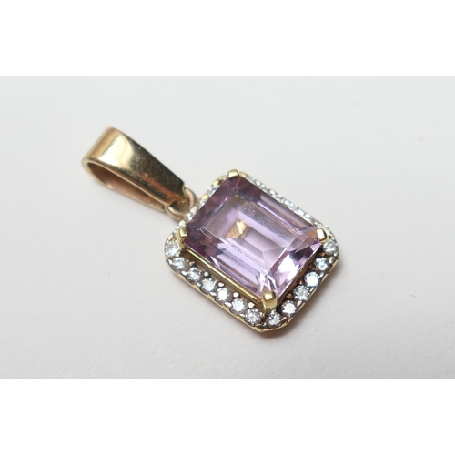 491 - Diamond and amethyst cluster pendant, in 18ct gold, the step cut pale amethyst approx. 9mm, in a fou... 