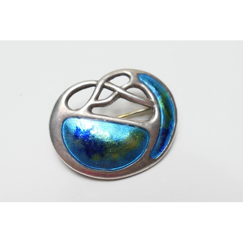 501 - Charles Horner enamelled silver brooch, Chester 1908, of Celtic inspired design, 98mm