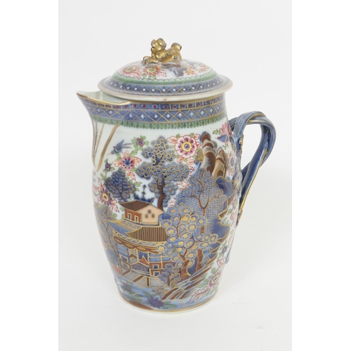 51 - Chinese clobbered blue and white export jug and cover, barrel shape decorated with a pavilion and la... 