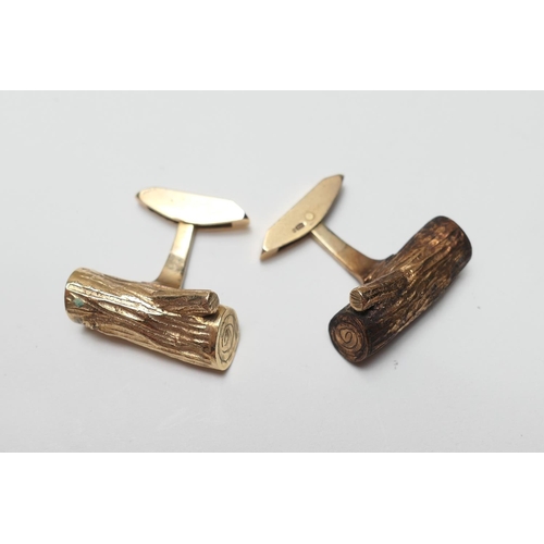 512 - Pair of unusual gent's 9ct gold cufflinks, formed as logs, with folding torpedo fastening, gross wei... 