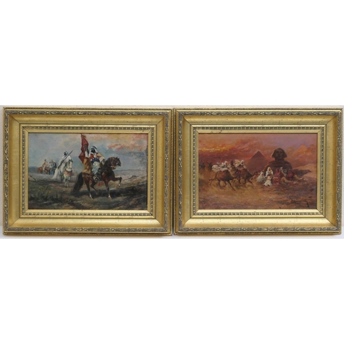 543 - G Armenaki (active late 19th Century), Pair, Camel racing, Giza, and Arabs hunting, signed oils on p... 