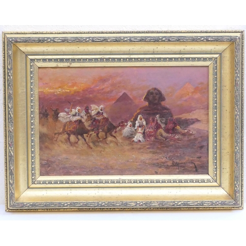 543 - G Armenaki (active late 19th Century), Pair, Camel racing, Giza, and Arabs hunting, signed oils on p... 