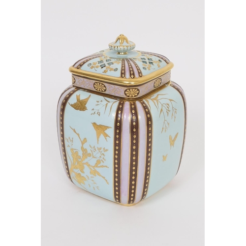 60 - Mintons China pot pourri jar, rounded square section, finely gilded with birds, butterflies and foli... 