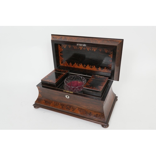 686 - Good late Regency rosewood and amboyna tea chest, circa 1815-25, sarcophagus form opening to an inte... 