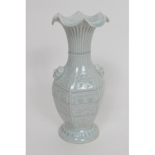 7 - Korean celadon vase, fluted and flared neck and panel moulded body with mask lug handles, height 25c... 