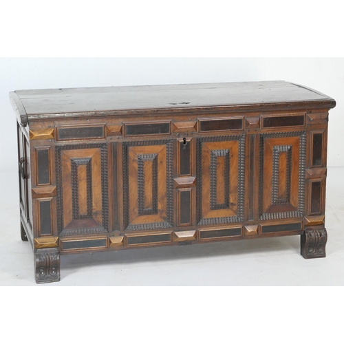 843 - Spanish oak and walnut coffer, 19th Century, hinged top over a front with ripple moulded geometric p... 