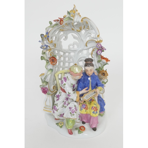 90 - Meissen porcelain figure group, featuring a Chinese man and woman in an arbour, model number 2653, d... 