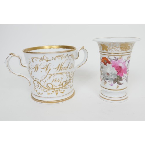 50 - Dated Victorian loving cup, possibly Coalport, circa 1857, decorated with a floral bouquet inscribed... 