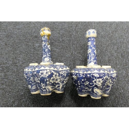 40 - Pair of Chinese blue and white tulip vases, 19th Century, traditional form and decorated with prunus... 