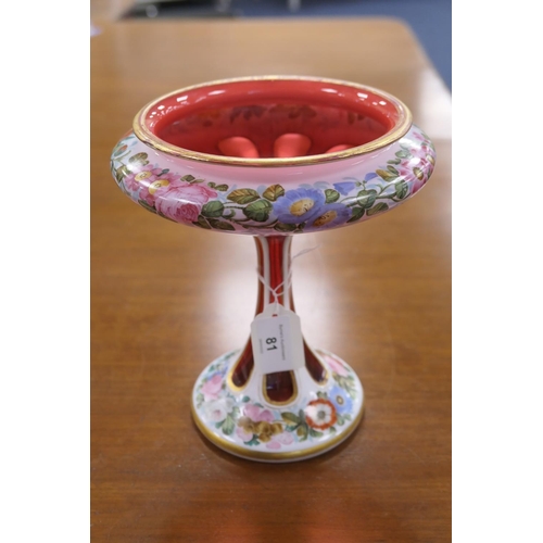 81 - Bohemian ruby and white overlay glass tazza, shallow bowl over a trumpet stem, decorated with polych... 