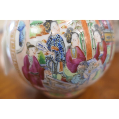 147 - Cantonese famille rose vase, mid 19th Century, with dragon handles, decorated with panels of figures... 