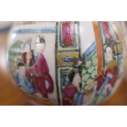 147 - Cantonese famille rose vase, mid 19th Century, with dragon handles, decorated with panels of figures... 