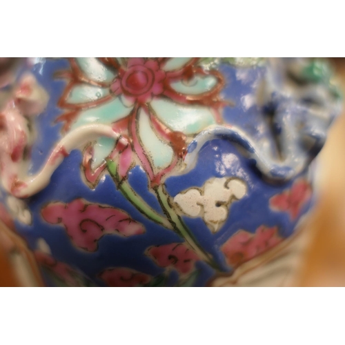 147 - Cantonese famille rose vase, mid 19th Century, with dragon handles, decorated with panels of figures... 