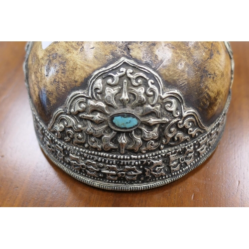 269 - Tibetan silver mounted kapala or skull cup, early 20th Century, nicely patinated, the mounts worked ... 