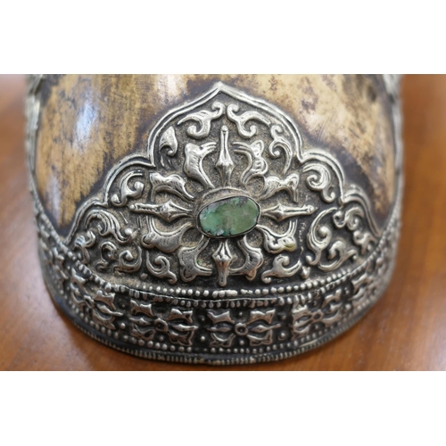 269 - Tibetan silver mounted kapala or skull cup, early 20th Century, nicely patinated, the mounts worked ... 