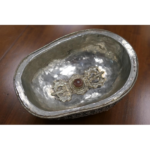 269 - Tibetan silver mounted kapala or skull cup, early 20th Century, nicely patinated, the mounts worked ... 