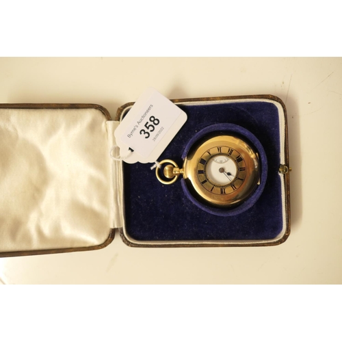 358 - George V 18ct gold half hunter pocket watch, London 1928, outer case with blue enamelled Roman numer... 