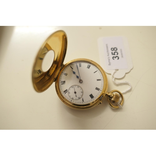 358 - George V 18ct gold half hunter pocket watch, London 1928, outer case with blue enamelled Roman numer... 