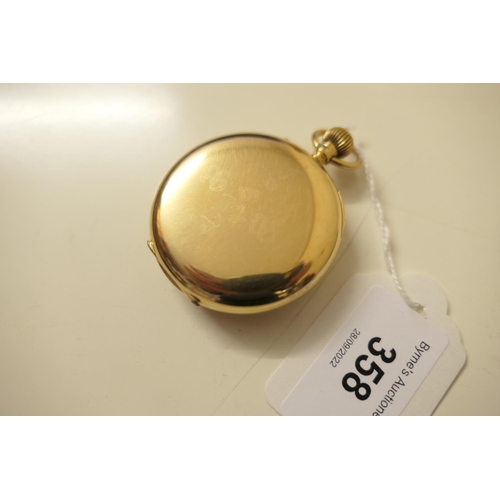 358 - George V 18ct gold half hunter pocket watch, London 1928, outer case with blue enamelled Roman numer... 