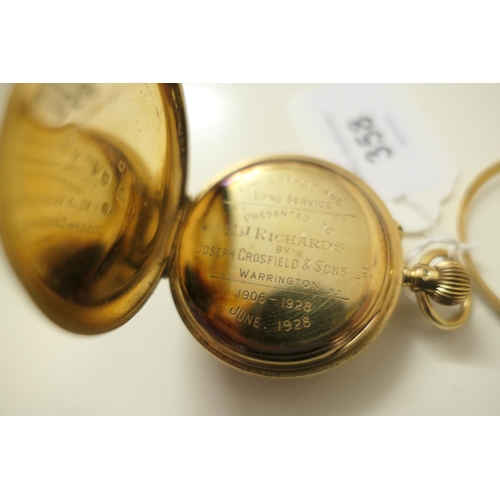 358 - George V 18ct gold half hunter pocket watch, London 1928, outer case with blue enamelled Roman numer... 