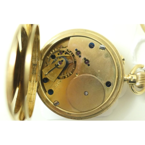 358 - George V 18ct gold half hunter pocket watch, London 1928, outer case with blue enamelled Roman numer... 