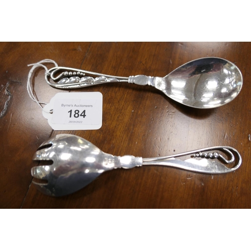 184 - Pair of Georg Jensen hammered silver salad serving spoons, pattern no. 42 'Peapod', maker's mark 'St... 