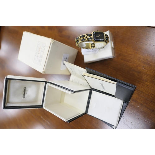 343 - Chanel 'Premiere' lady's gold plated quartz wristwatch, circa 1988, with box and papers
Please note ... 