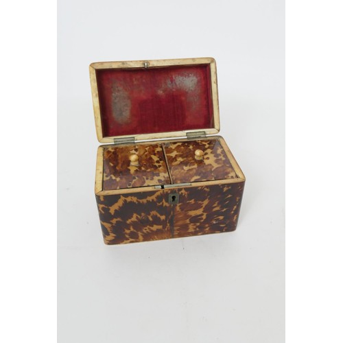 688 - Tortoiseshell tea chest, mid 19th Century, rectangular form with hinged cover inset with a view of t... 