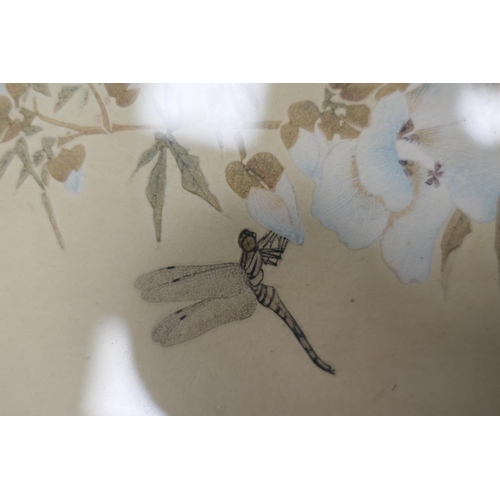 560 - Japanese School (early 20th Century), Dragonfly on blossoms, watercolour, pen and ink, signed, 40cm ... 