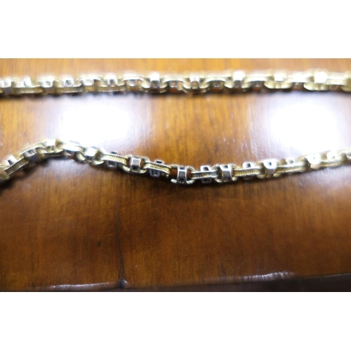 396 - 9ct gold fancy link guard chain, with spring clip, length 158cm, weight approx. 38.6g