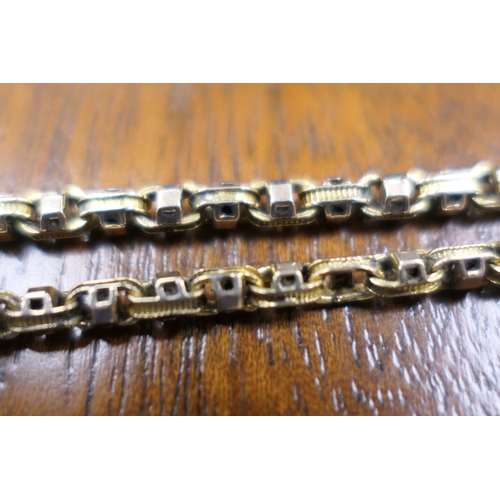 396 - 9ct gold fancy link guard chain, with spring clip, length 158cm, weight approx. 38.6g