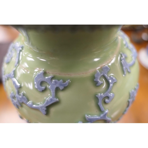 49 - Chinese Republic carved celadon vase, late 20th Century, trumpet baluster form carved with peony scr... 