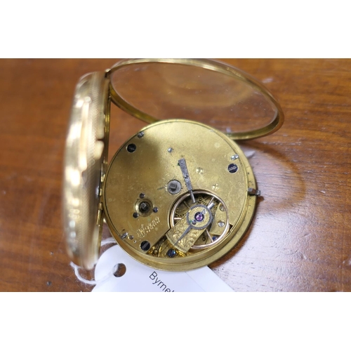 400 - Victorian 18ct gold open faced pocket watch, hallmarked Chester 1850, 40mm gilt dial chased with flo... 