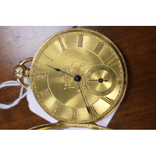 400 - Victorian 18ct gold open faced pocket watch, hallmarked Chester 1850, 40mm gilt dial chased with flo... 