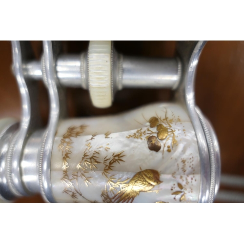 695 - Pair of Parisian mother of pearl shibayama lacquered opera glasses, decorated with exotic pheasants,... 