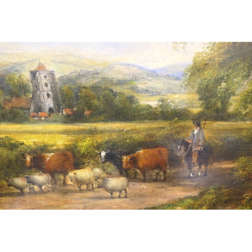 546 - Frederick William 'Waters' Watts (1800-70), Herding livestock on a country lane, oil on relined canv... 