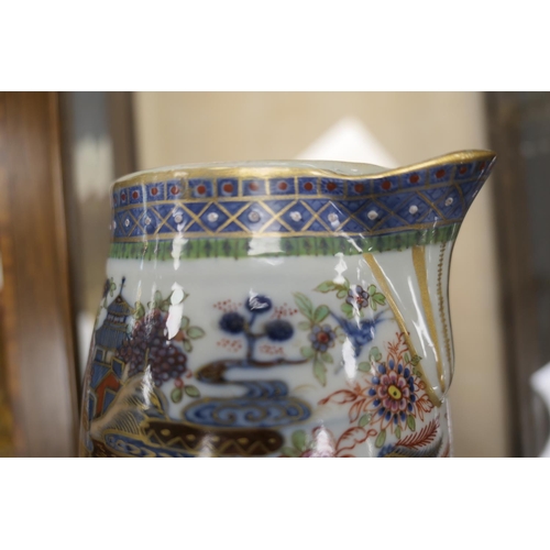 51 - Chinese clobbered blue and white export jug and cover, barrel shape decorated with a pavilion and la... 