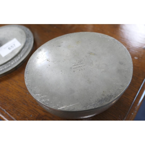 657 - Tudric pewter biscuit box for Liberty & Co., hammered oval form inscribed 'Tudric Liberty & Co.', nu... 