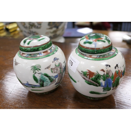 170 - Pair of Chinese famille verte small ginger jars, late 19th Century, decorated with figures, Kangxi  ... 