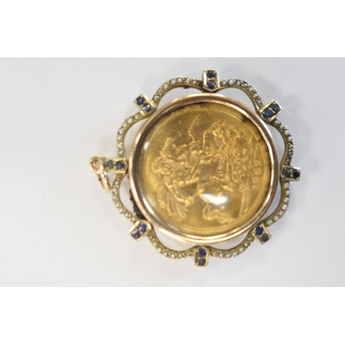 318 - Queen Elizabeth II sovereign pendant, 1967, mounted within a 9ct gold seed pearl and garnet pendant ... 