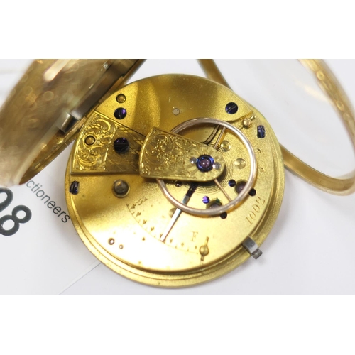 398 - Victorian 18ct gold open faced pocket watch, hallmarked Chester 1871, 38mm gilt dial with matted cen... 