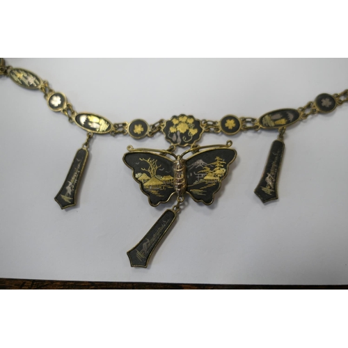 401 - Japanese Shakudo Komai folk damascene butterfly pendant necklace, with 24ct gold inlay, also other J... 