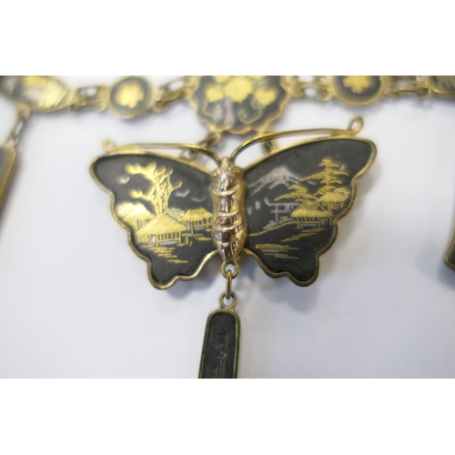 401 - Japanese Shakudo Komai folk damascene butterfly pendant necklace, with 24ct gold inlay, also other J... 