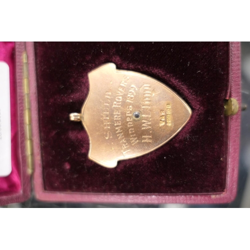 405 - Football interest: Liverpool & District FA 9ct gold 'shield' winner's medal 1899, awarded to H W Llo... 