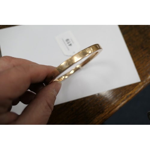 419 - 9ct gold bangle, Birmingham 1945, square section, interior diameter 70mm, weight approx. 19g