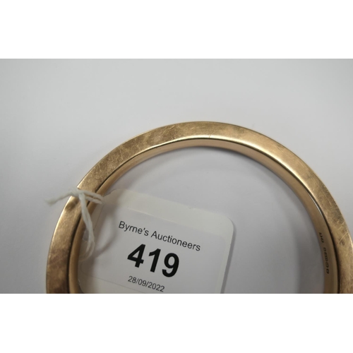 419 - 9ct gold bangle, Birmingham 1945, square section, interior diameter 70mm, weight approx. 19g