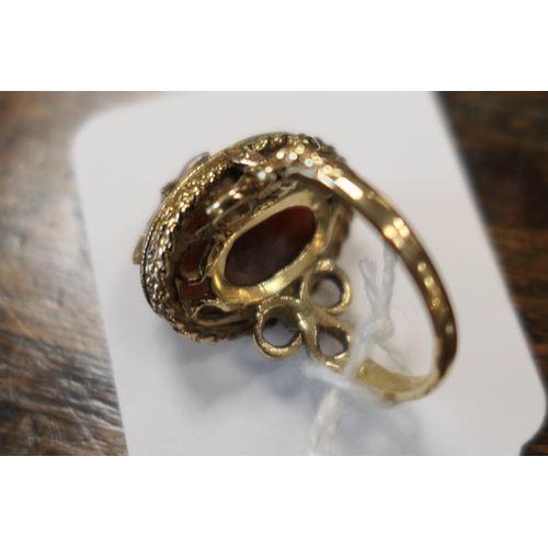 412 - Decorative cabochon garnet and seed pearl dress ring, set in 9ct gold, size L, gross weight approx. ... 