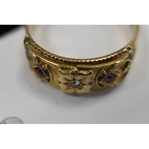 469 - Edwardian 18ct gold gem set sweetheart ring, Birmingham 1903, set with a tiny diamond and two tiny r... 