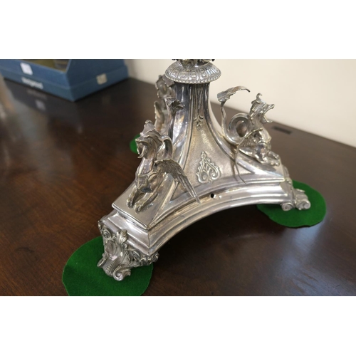 279 - Victorian silver plated table centre (incomplete), circa 1875, the central column supporting a stand... 